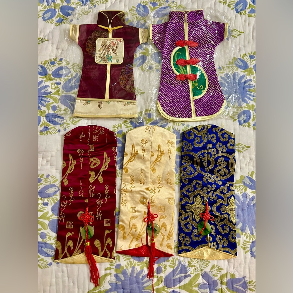 NWOT 5 brocade Chinese wine or sake bottle covers